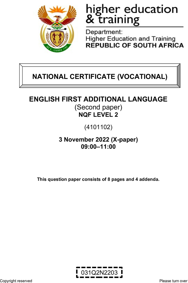 English Level 2 Dhet NCV November 2022 Paper 10 - Question Paper