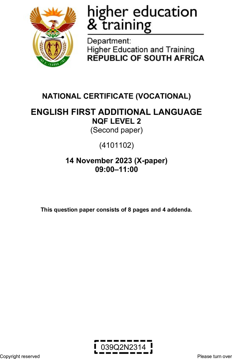 English Level 2 Dhet NCV November 2023 Paper 10 - Question Paper