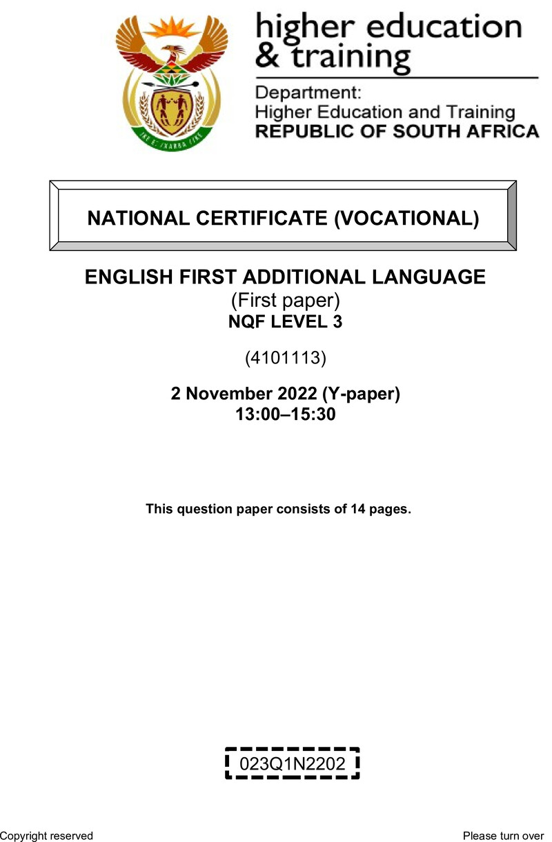 English Level 3 Dhet NCV November 2022 Paper Y - Question Paper