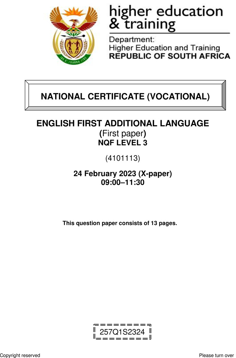 English Level 3 Dhet NCV February 2023 Paper 10 - Question Paper