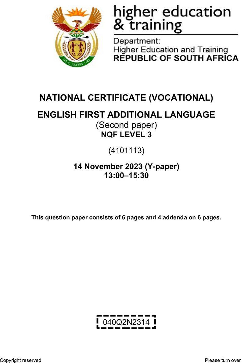 English Level 3 Dhet NCV November 2023 Paper Y - Question Paper
