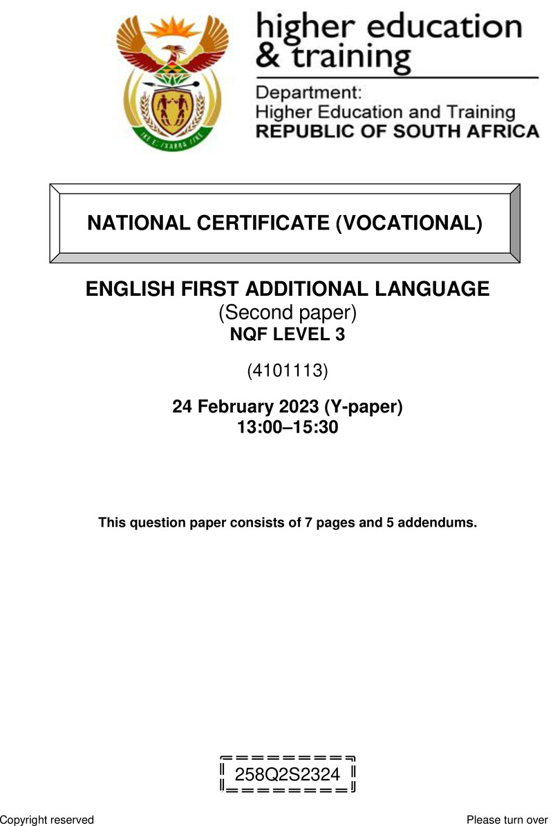 English Level 3 Dhet NCV February 2023 Paper Y - Question Paper
