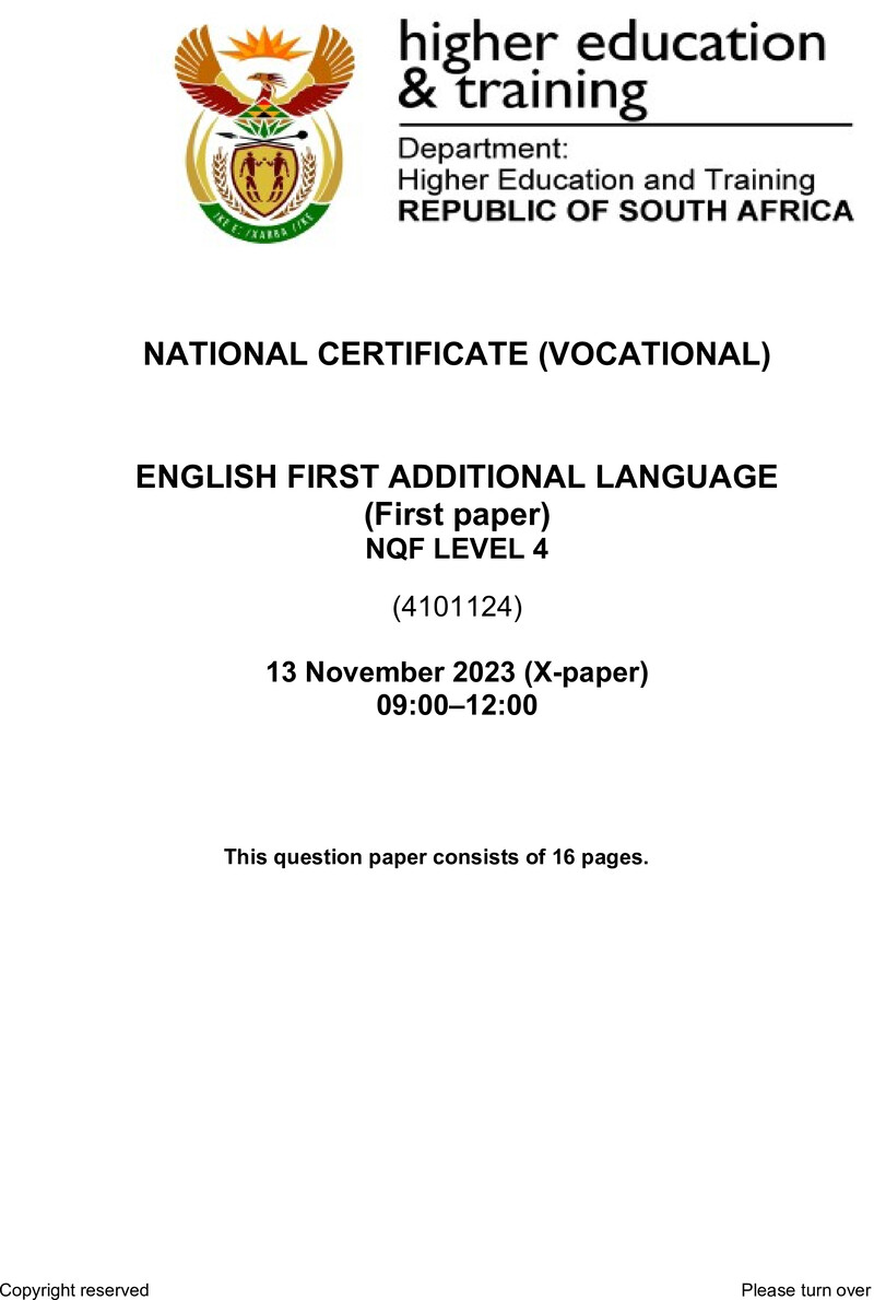English Level 4 Dhet NCV November 2023 Paper 10 - Question Paper