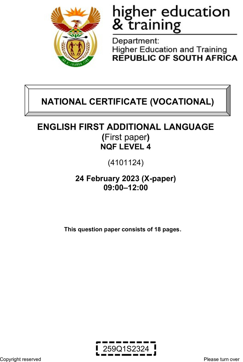 English Level 4 Dhet NCV February 2023 Paper 10 - Question Paper
