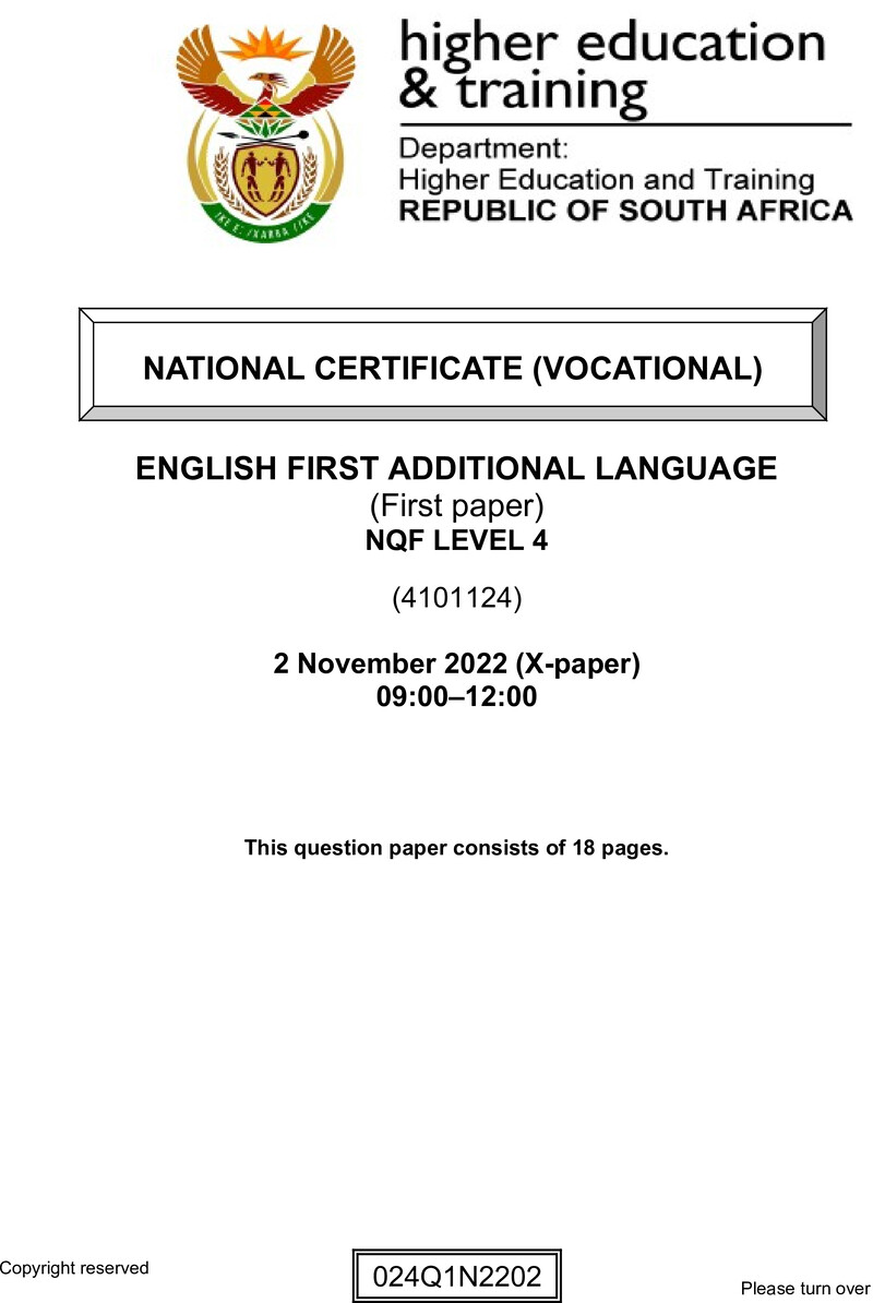 English Level 4 Dhet NCV November 2022 Paper 10 - Question Paper