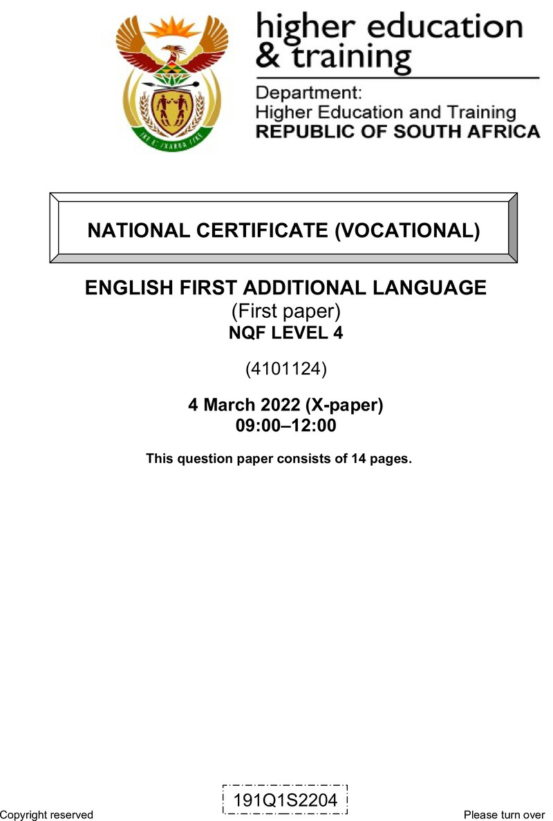 English Level 4 Dhet NCV March 2022 Paper 10 - Question Paper