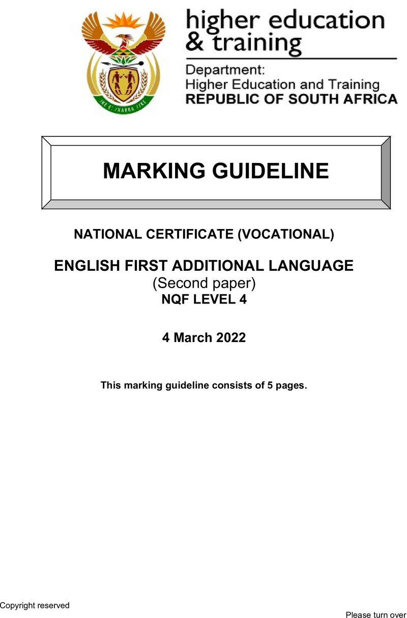 English Level 4 Dhet NCV March 2022 - Memo