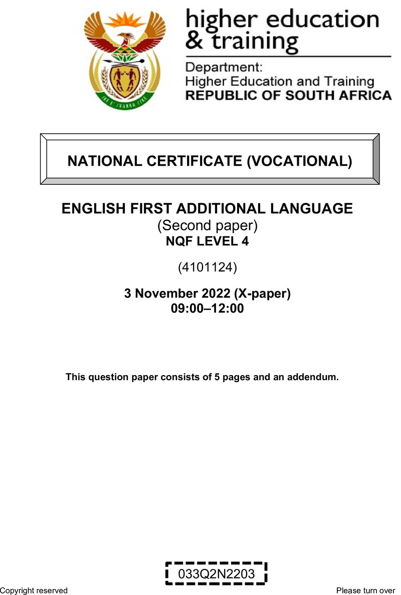English Level 4 Dhet NCV November 2022 Paper 10 - Question Paper