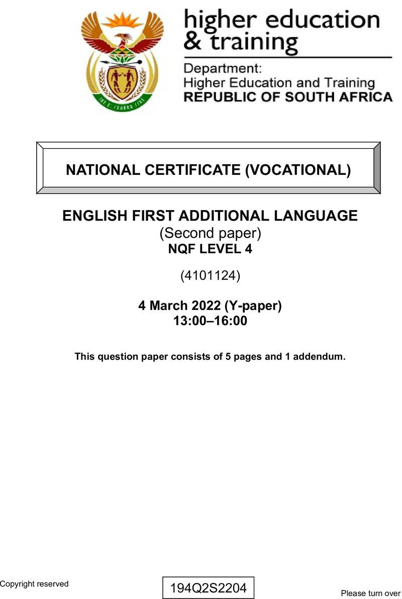 English Level 4 Dhet NCV March 2022 Paper Y - Question Paper