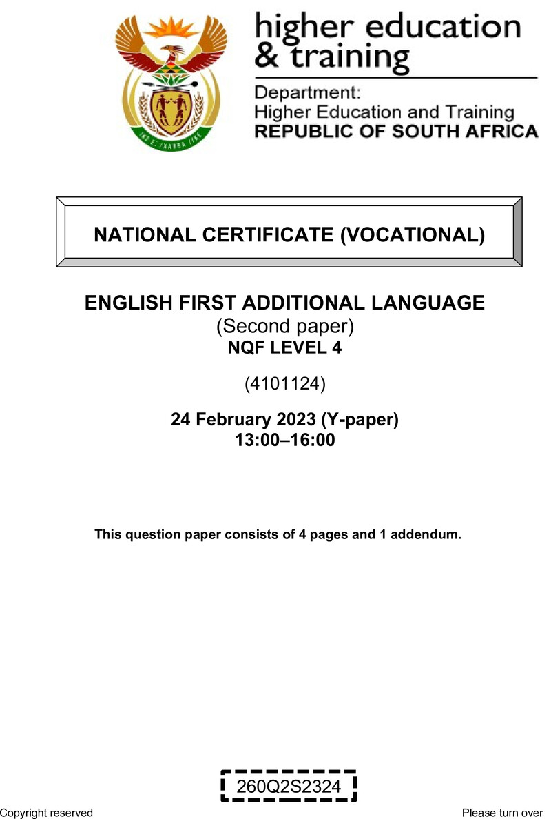 English Level 4 Dhet NCV February 2023 Paper Y - Question Paper