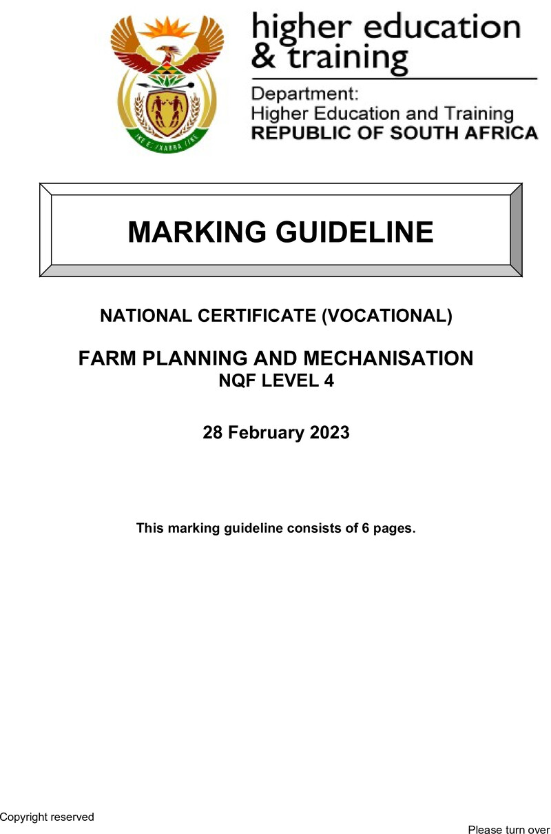 Farm Planning and Mechanisation Level 4 DHET NCV 2023 - Memo