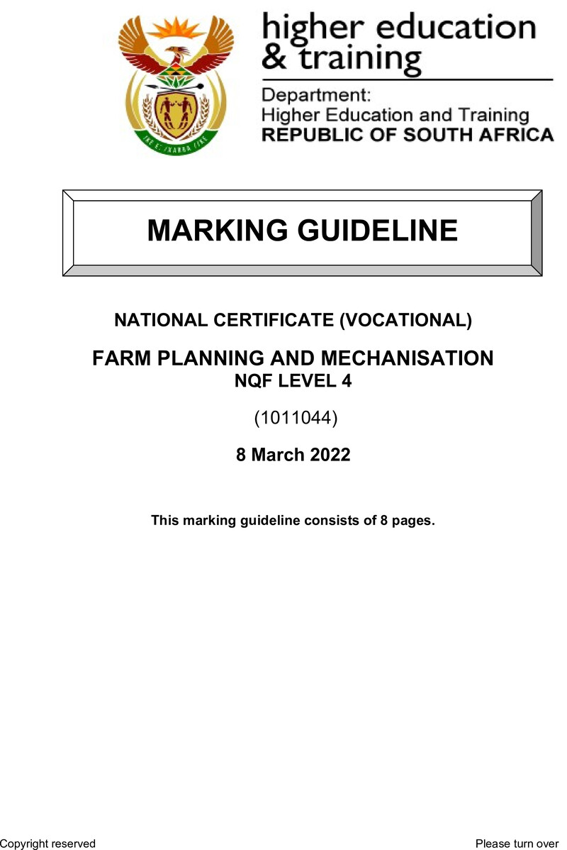 Farm Planning and Mechanisation Level 4 DHET NCV March 2022 - Memo