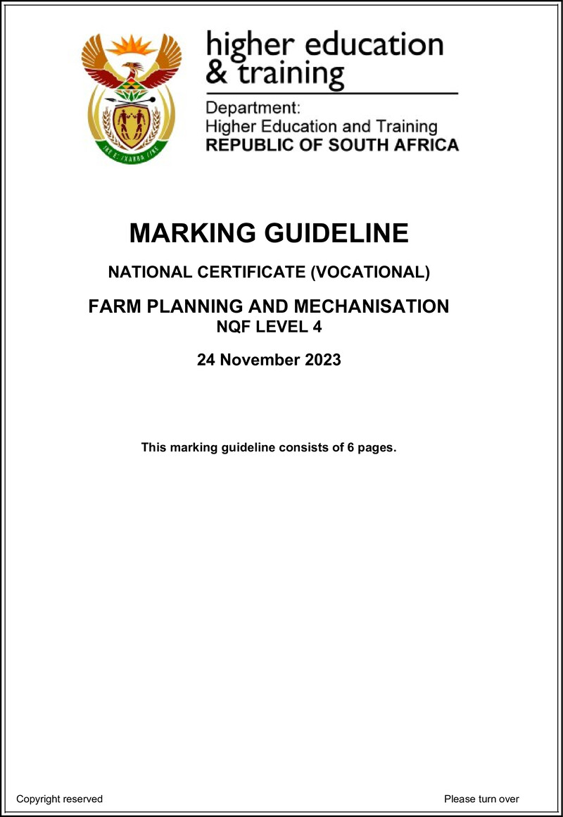 Farm Planning and Mechanisation Level 4 DHET NCV 2023 - Memo
