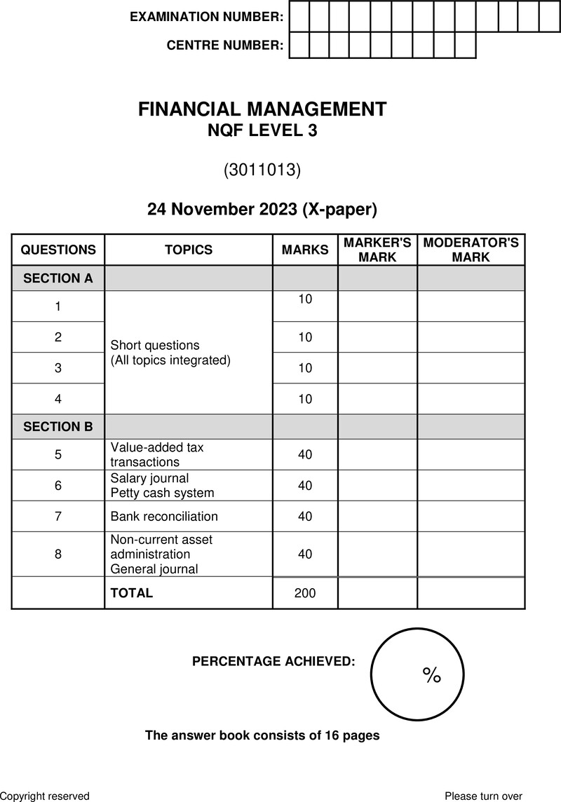 Financial Management Level 3 DHET NCV November 2023 Paper X - Question Paper