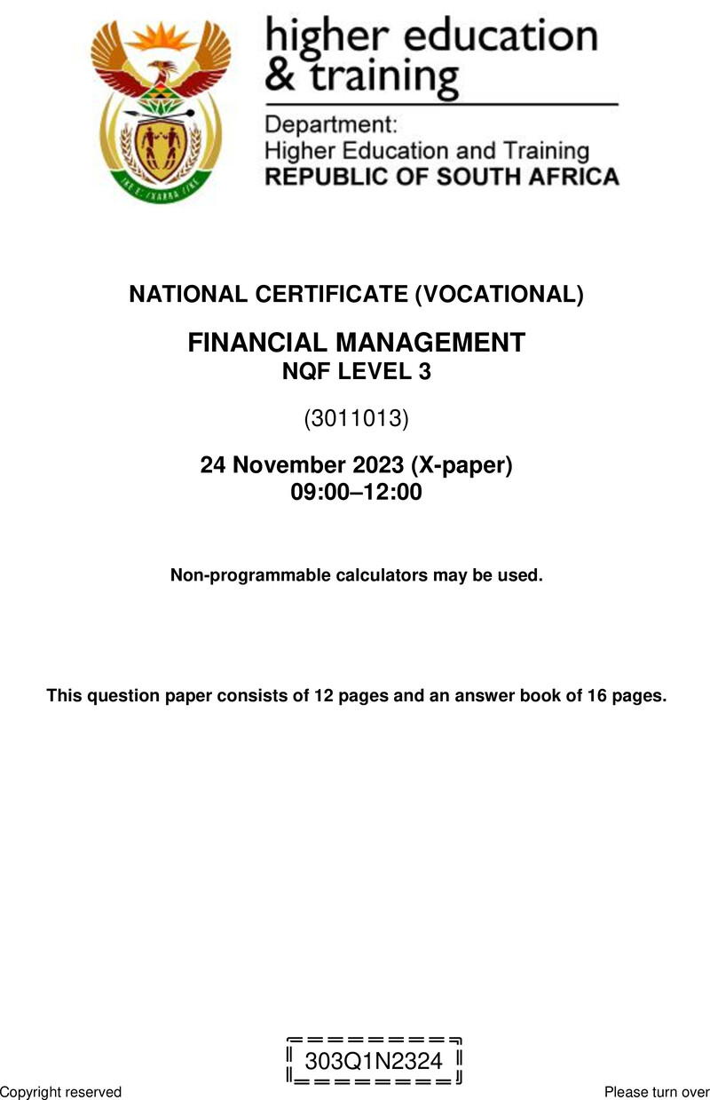 Financial Management Level 3 DHET NCV November 2023 Paper X - Question Paper