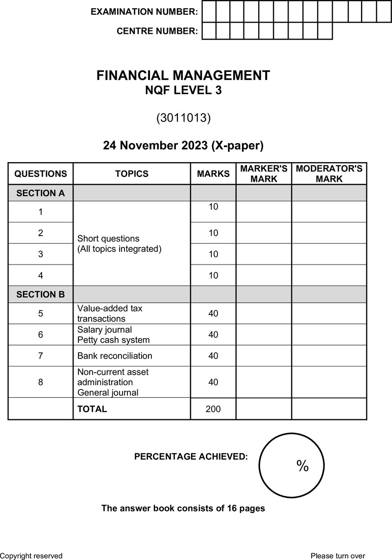 Financial Management Level 3 DHET NCV November 2023 Paper X - Question Paper