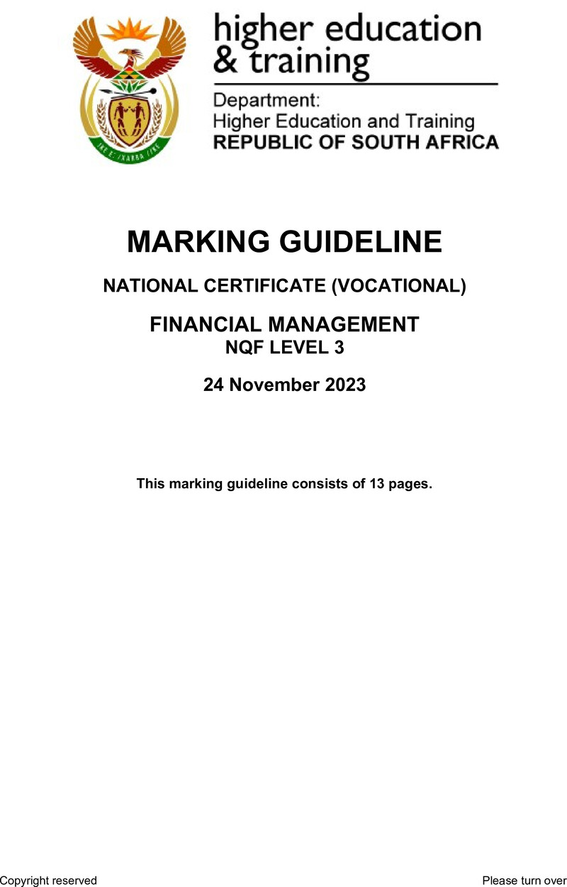 Financial Management Level 3 DHET NCV 2023 - Memo
