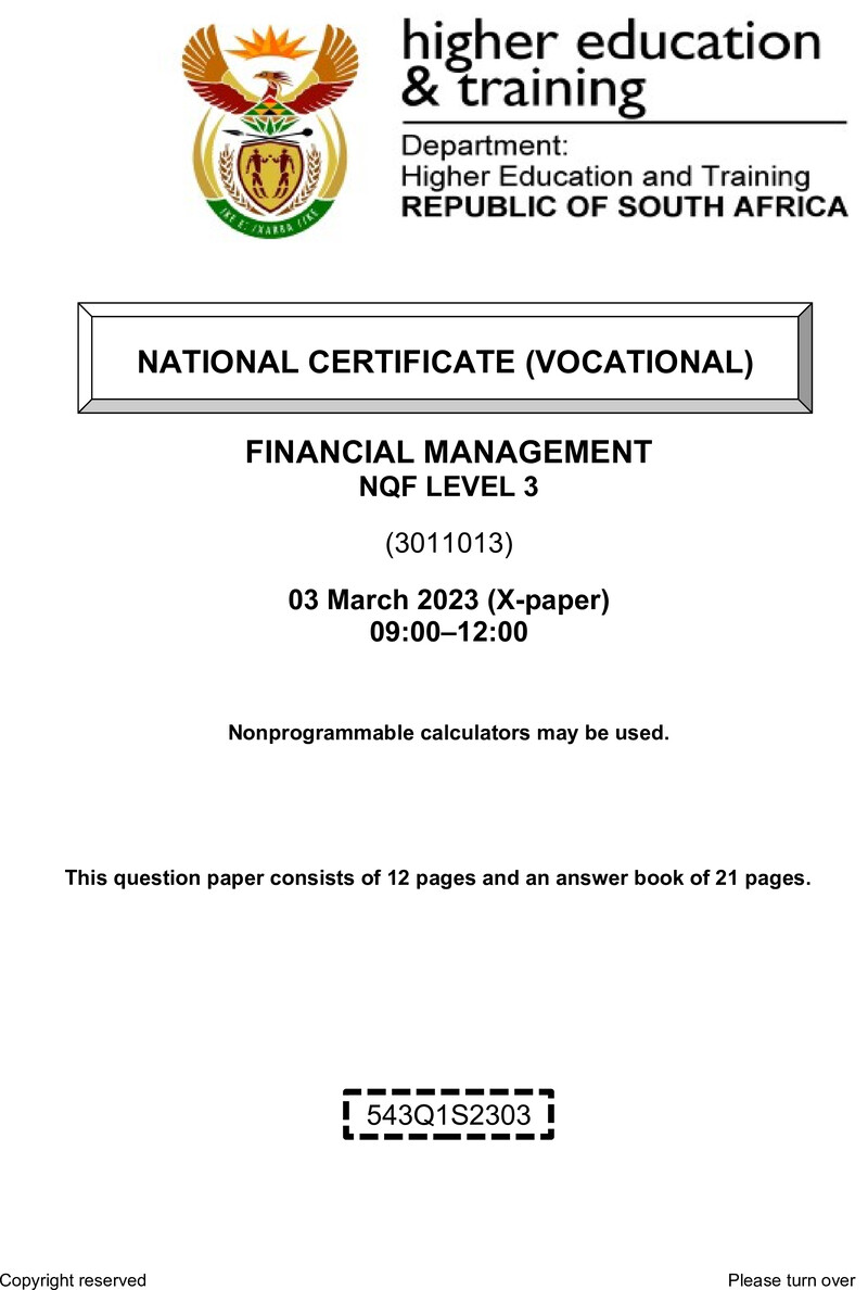 Financial Management Level 3 DHET NCV March 2023 Paper X - Question Paper