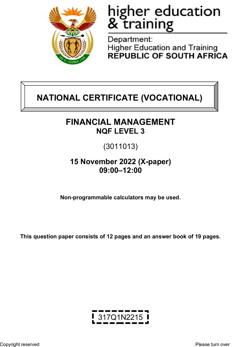 Financial Management Level 3 DHET NCV November 2022 Paper X - Question Paper