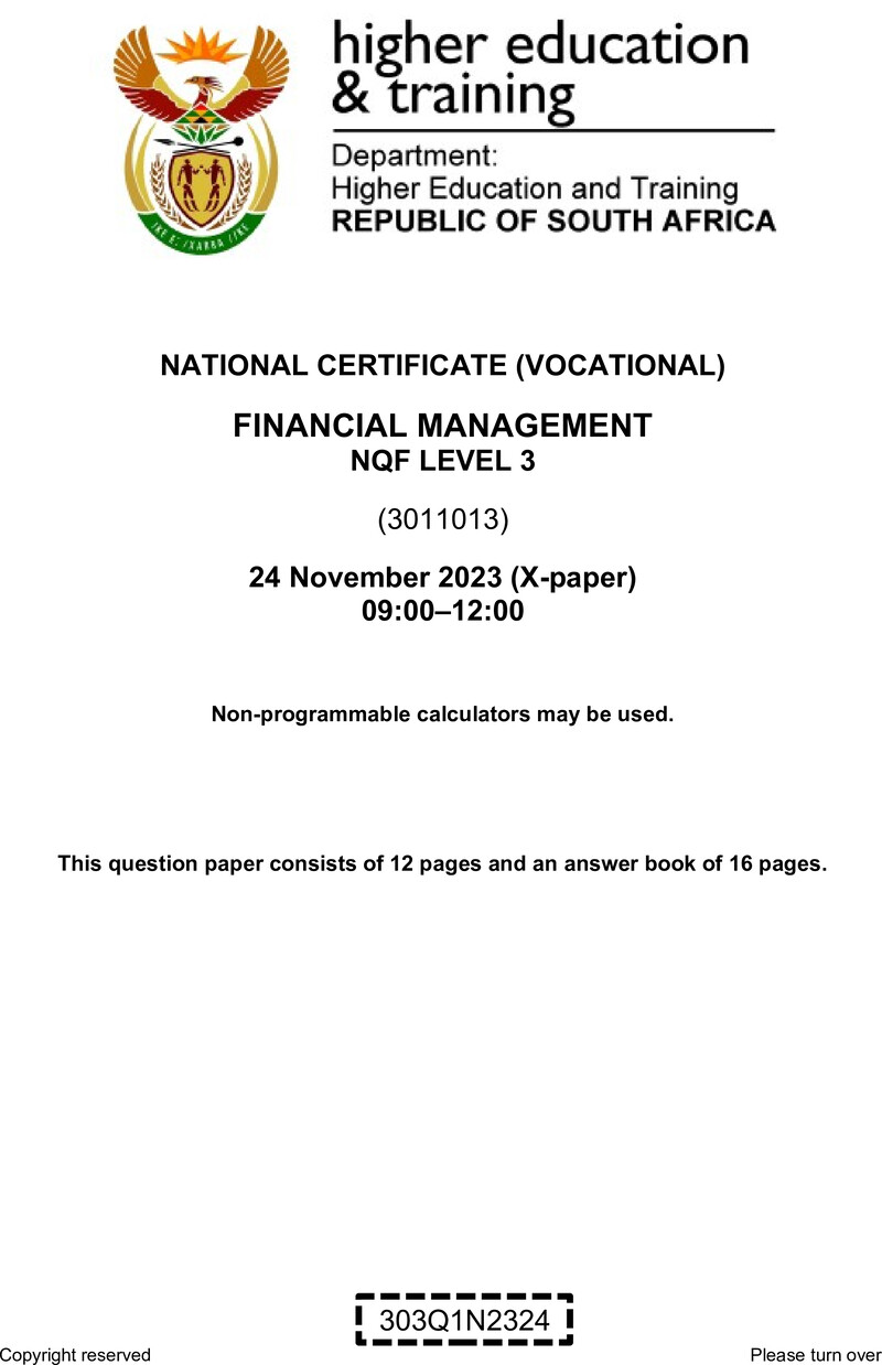 Financial Management Level 3 DHET NCV 2023 Paper X - Question Paper