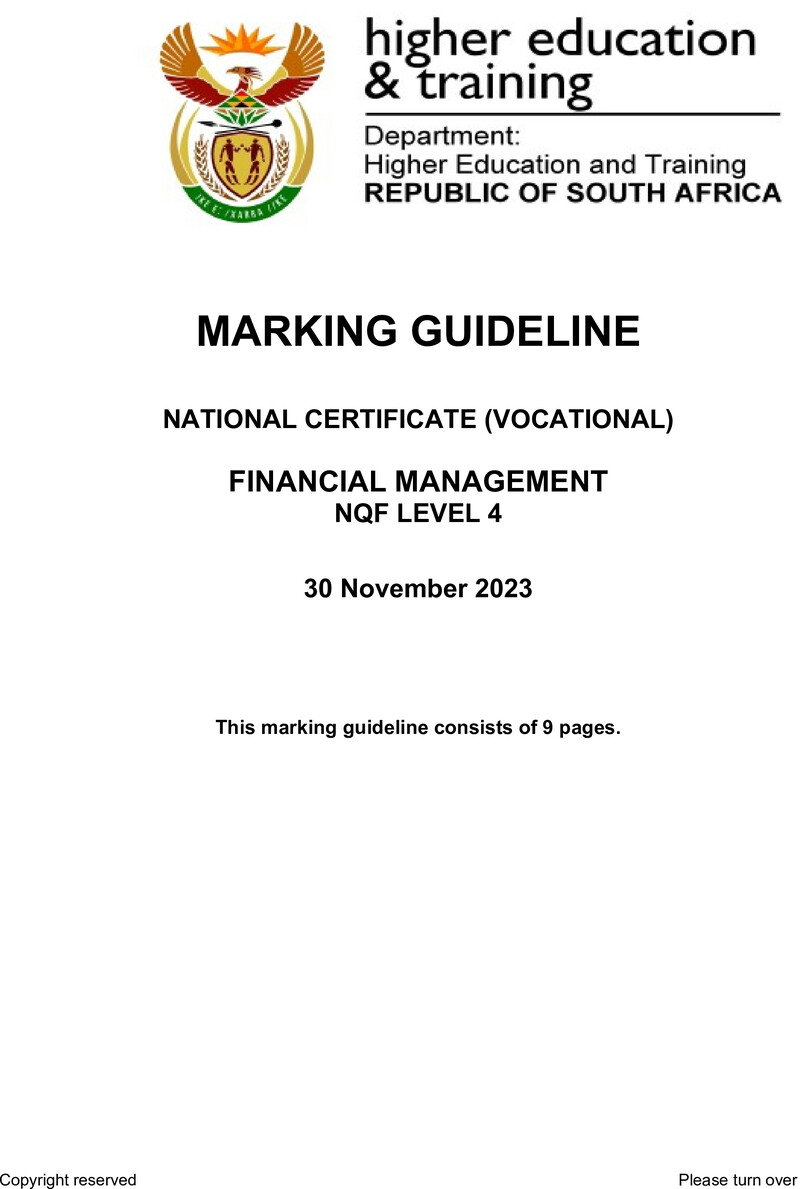 Financial Management Level 4 Dhet NCV 2023 - Memo
