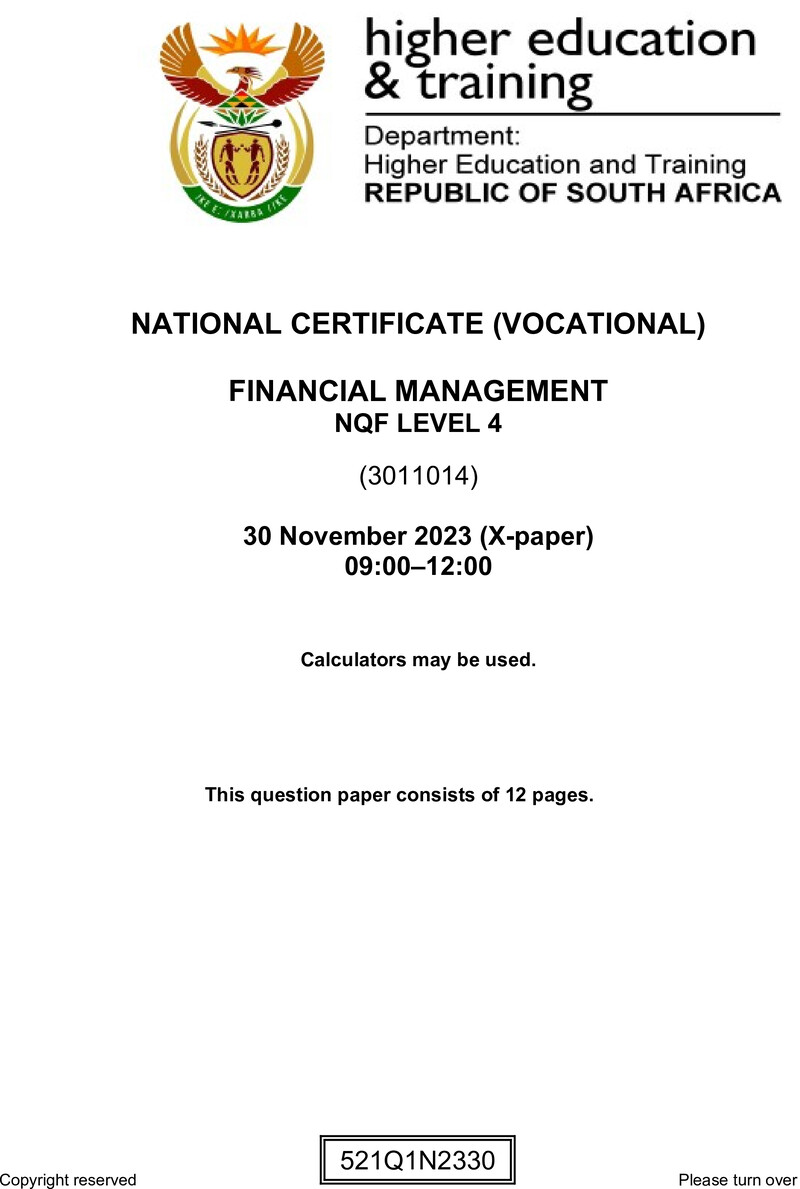 Financial Management Level 4 Dhet NCV November 2023 Paper 10 - Question Paper