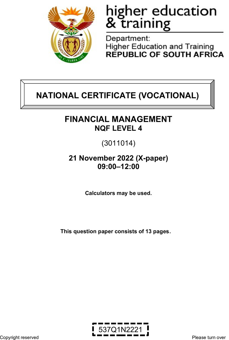 Financial Management Level 4 Dhet NCV 2022 Paper 10 - Question Paper