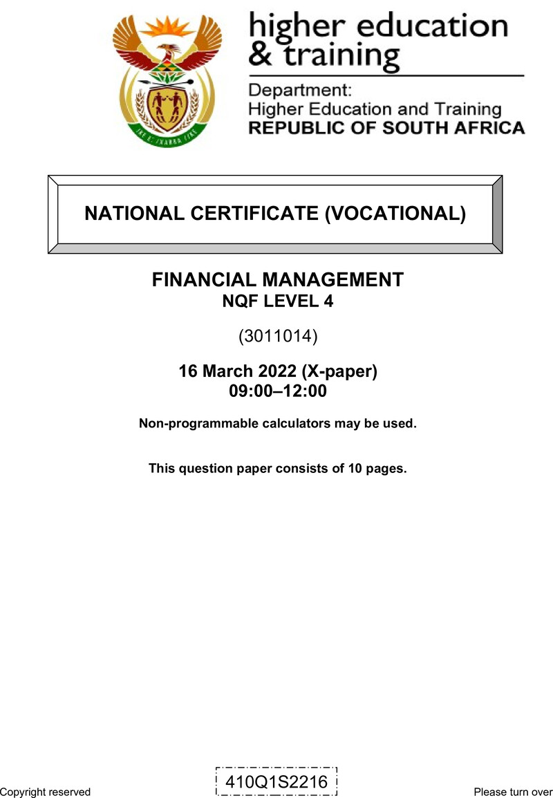 Financial Management Level 4 Dhet NCV March 2022 Paper 10 - Question Paper