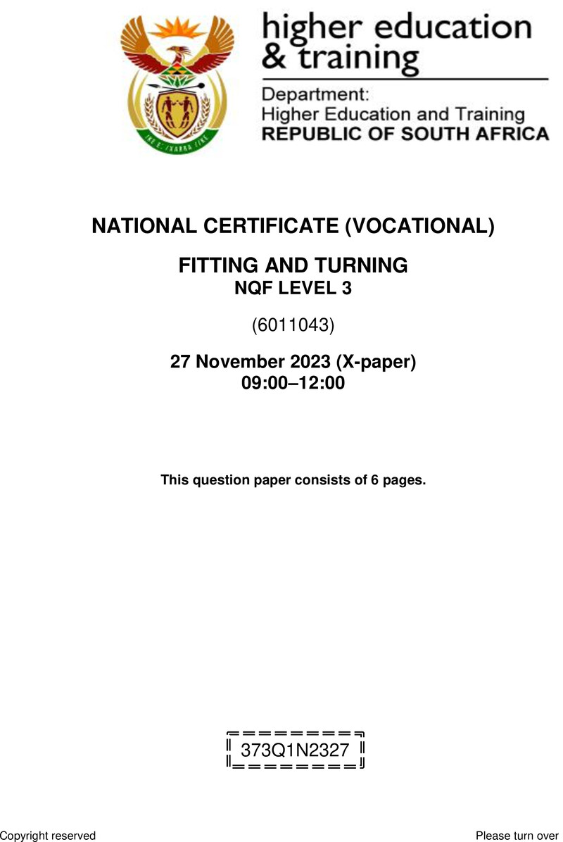 Fitting and Turning Level 3 DHET NCV 2023 Paper X - Question Paper