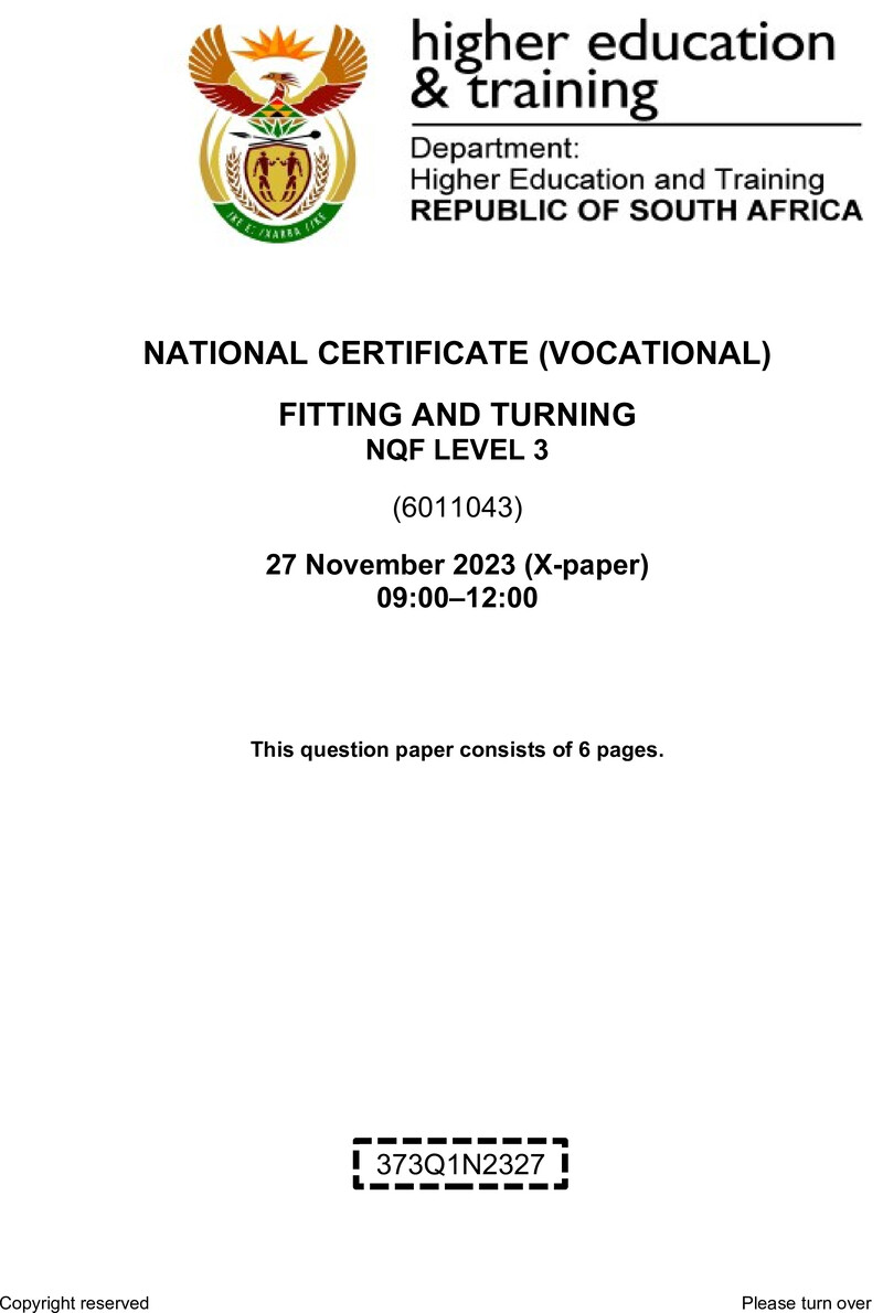Fitting and Turning Level 3 DHET NCV November 2023 Paper X - Question Paper