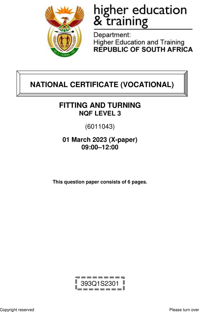 Fitting and Turning Level 3 DHET NCV March 2023 Paper X - Question Paper