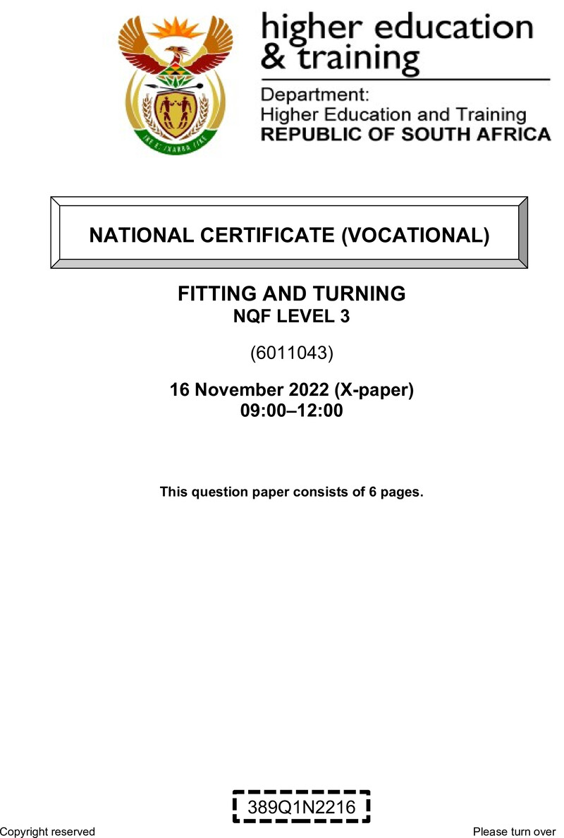 Fitting and Turning Level 3 DHET NCV November 2022 Paper X - Question Paper