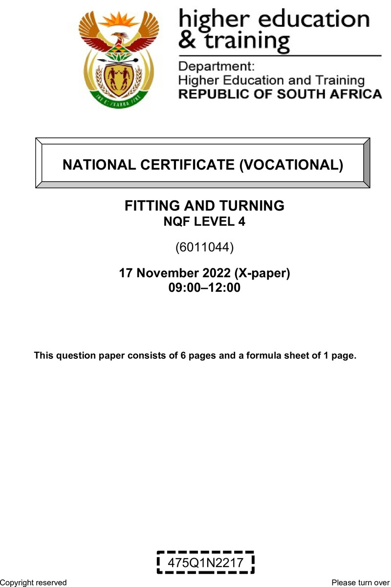 Fitting and Turning Level 4 DHET NCV November 2022 Paper X - Question Paper
