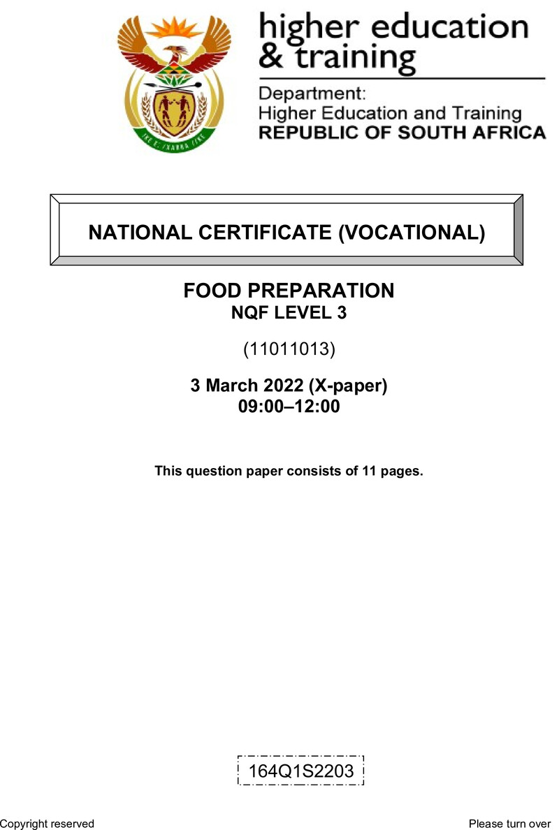 Food Preparation Level 3 DHET NCV March 2022 Paper X - Question Paper