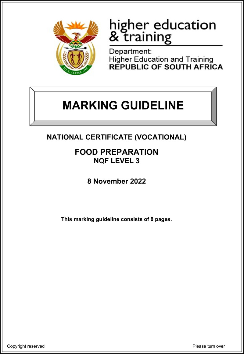 Food Preparation Level 3 DHET NCV 2022 - Memo
