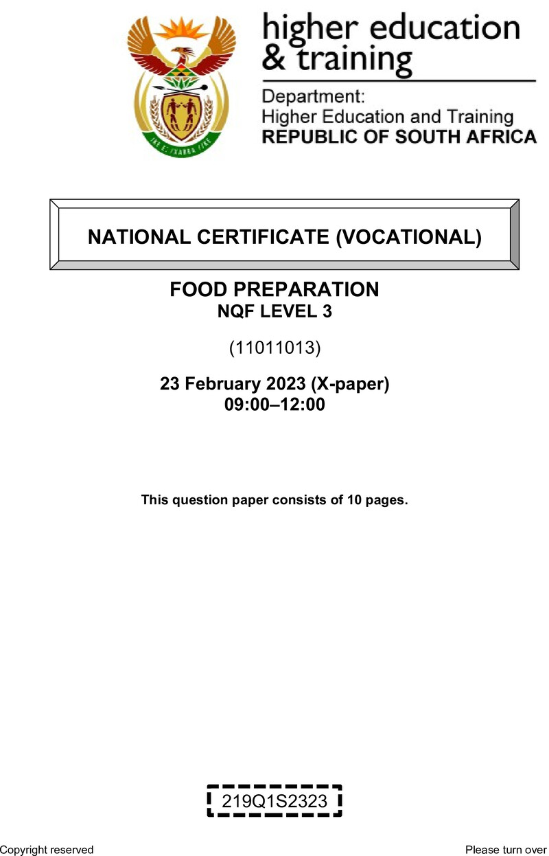 Food Preparation Level 3 DHET NCV February 2023 Paper X - Question Paper
