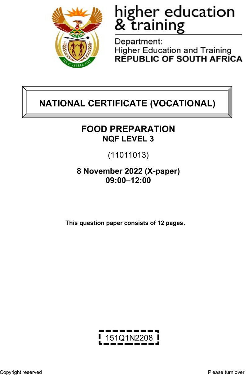 Food Preparation Level 3 DHET NCV November 2022 Paper X - Question Paper