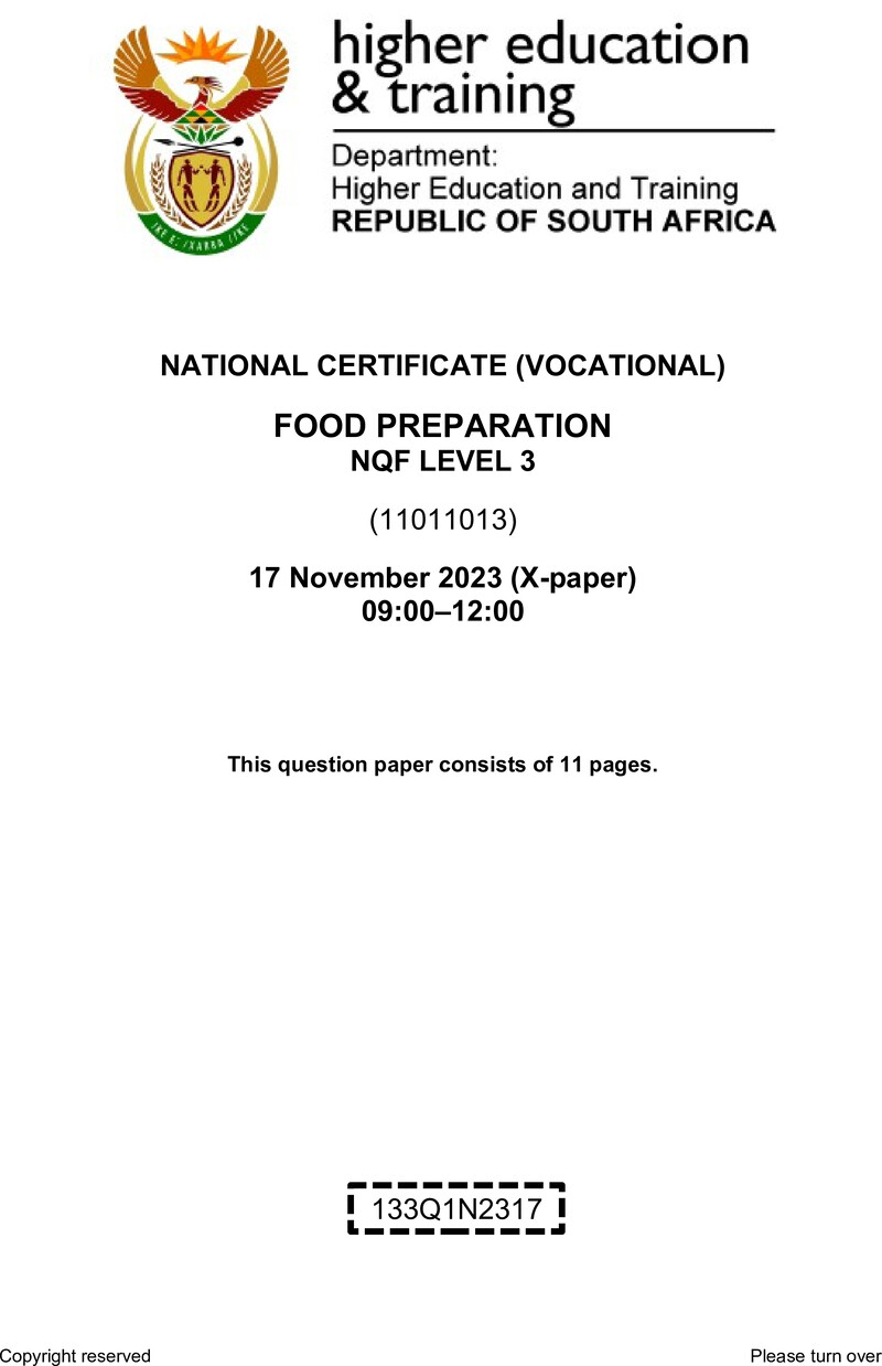 Food Preparation Level 3 DHET NCV November 2023 Paper X - Question Paper