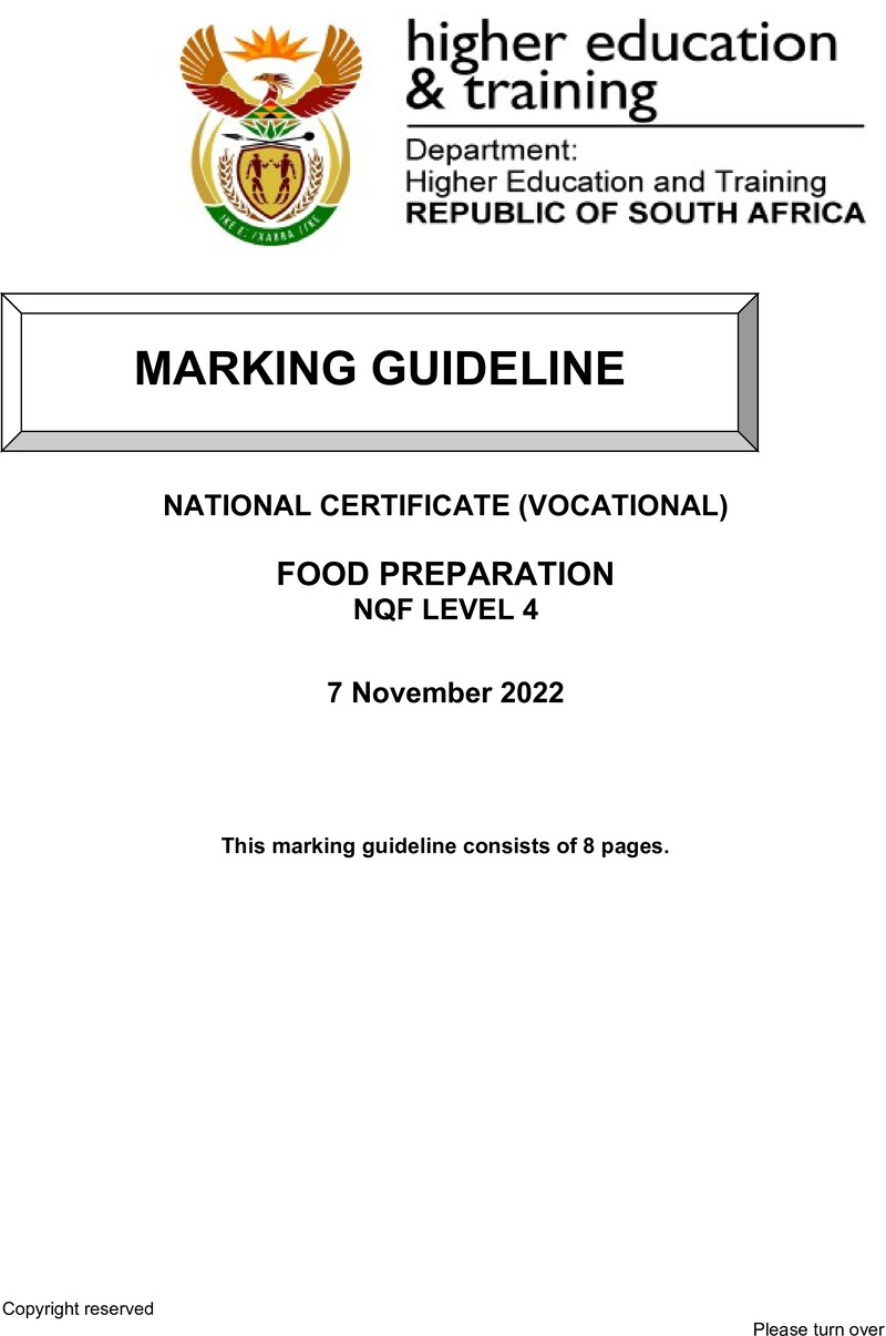 Food Preparation Level 4 DHET NCV 2022 - Memo