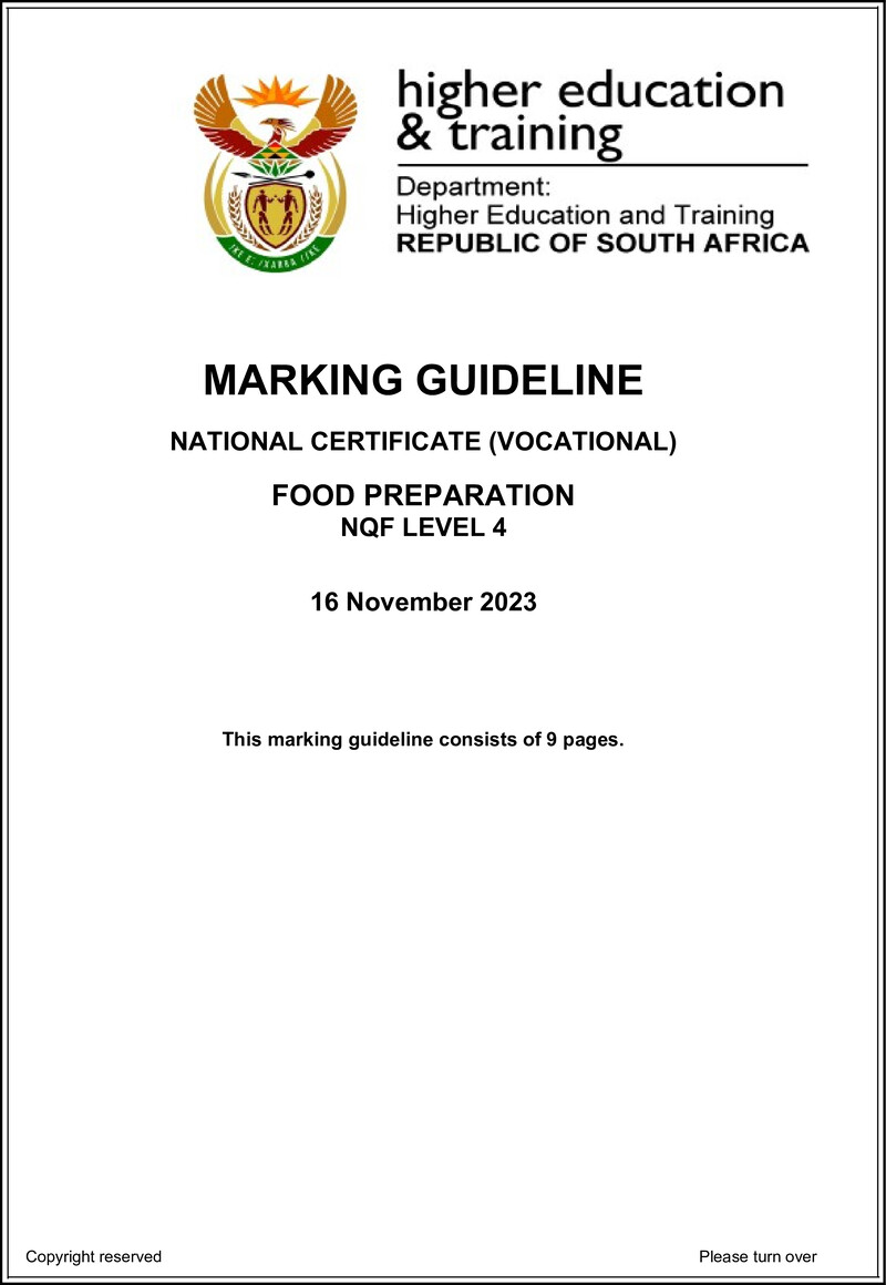 Food Preparation Level 4 DHET NCV 2023 - Memo