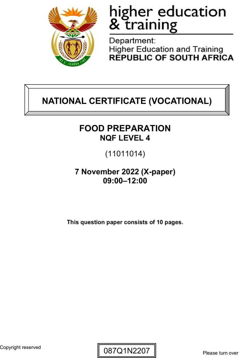 Food Preparation Level 4 DHET NCV November 2022 Paper X - Question Paper