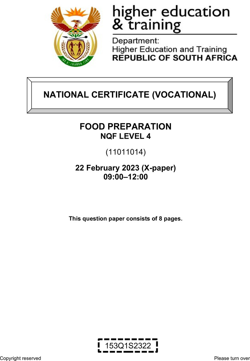Food Preparation Level 4 DHET NCV February 2023 Paper X - Question Paper