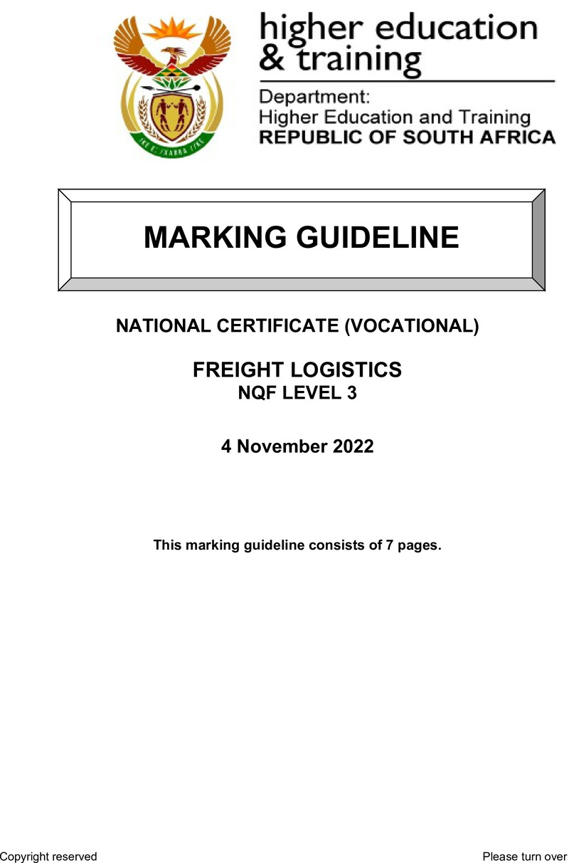 Freight Logistics Level 3 DHET NCV November 2022 - Memo