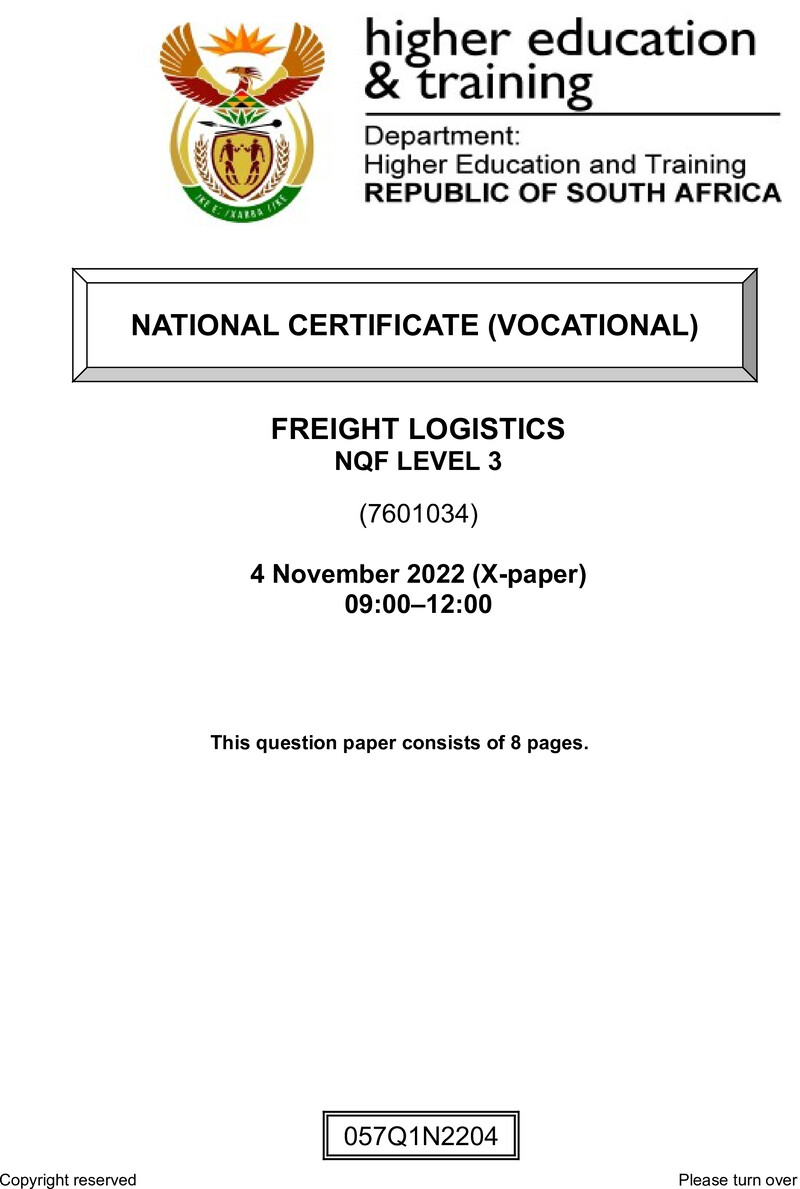 Freight Logistics Level 3 DHET NCV November 2022 Paper X - Question Paper