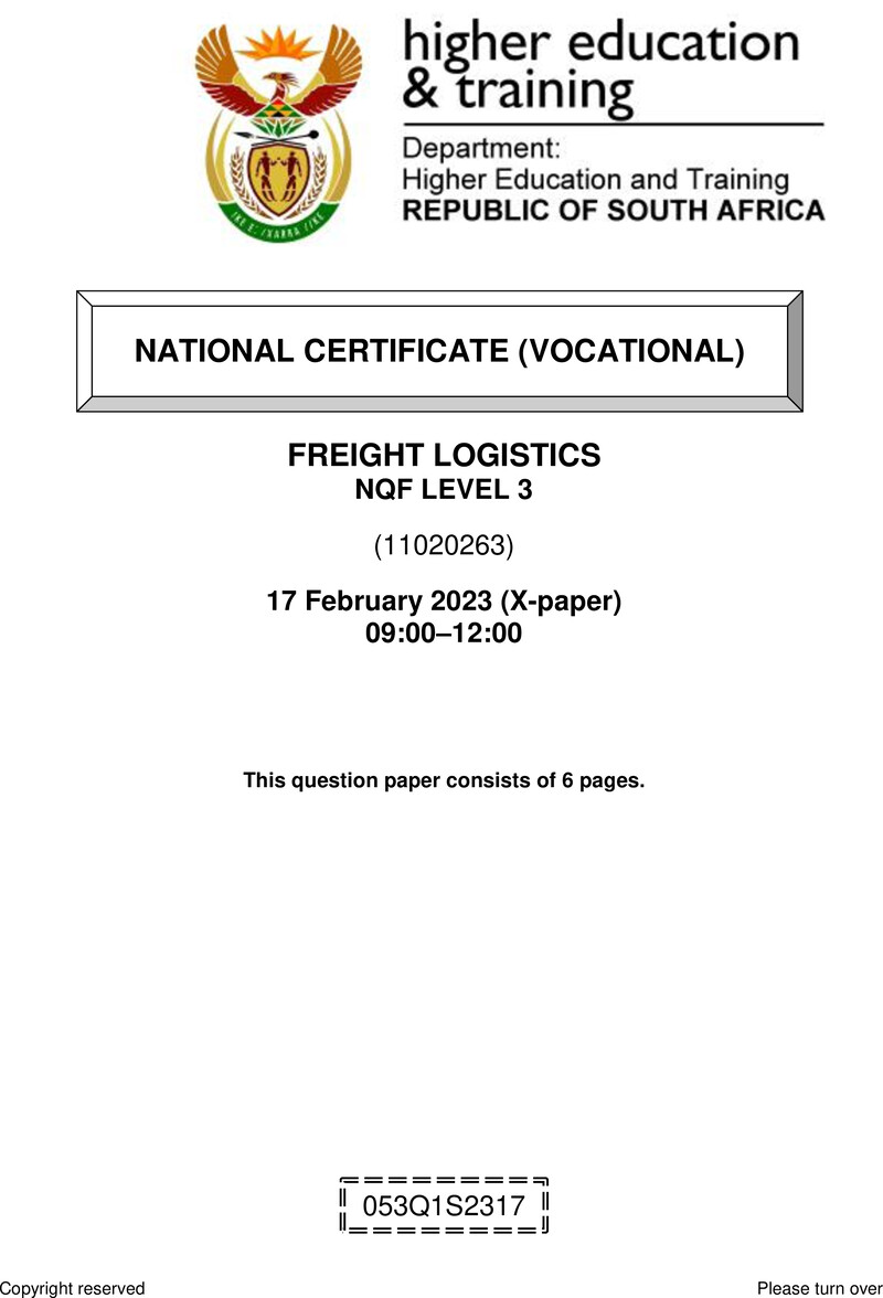 Freight Logistics Level 3 DHET NCV February 2023 Paper X - Question Paper