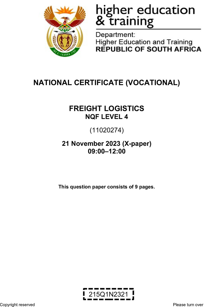 Freight Logistics Level 4 DHET NCV November 2023 Paper X - Question Paper