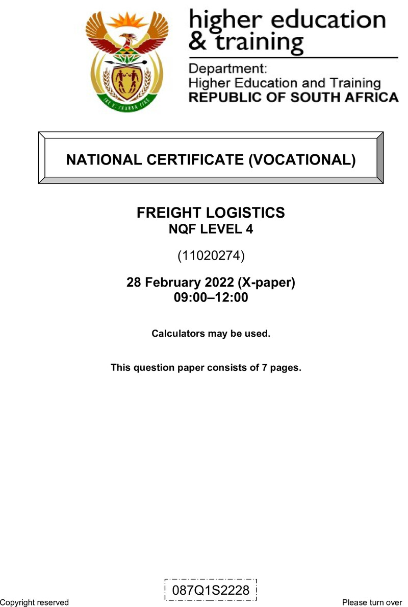 Freight Logistics Level 4 DHET NCV February 2022 Paper X - Question Paper