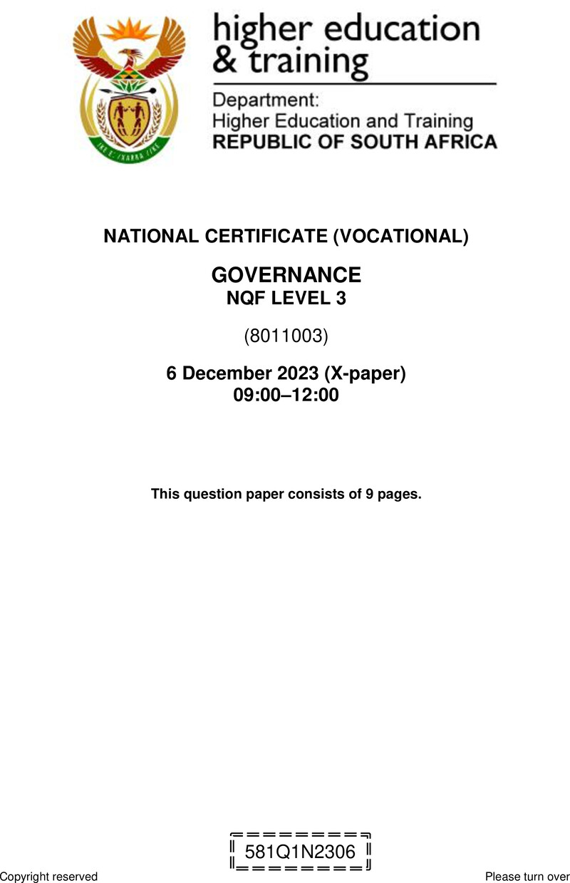 Governance Level 3 DHET NCV December 2023 Paper X - Question Paper