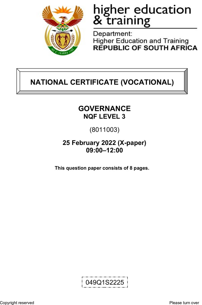 Governance Level 3 DHET NCV February 2022 Paper X - Question Paper