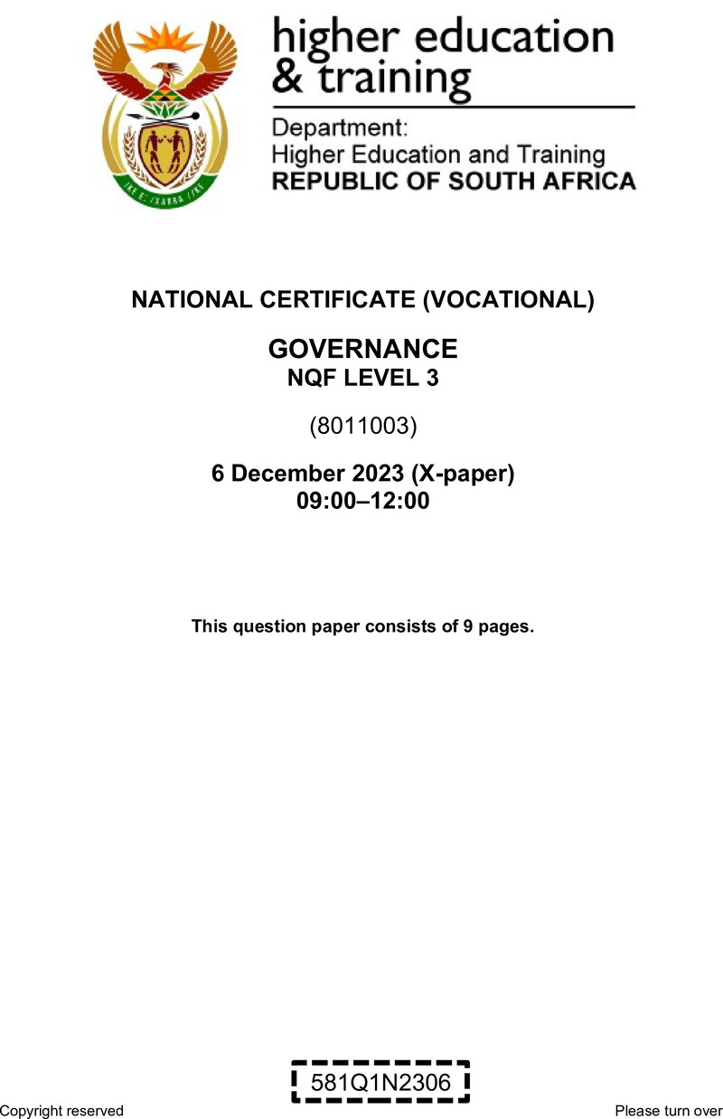 Governance Level 3 DHET NCV December 2023 Paper X - Question Paper